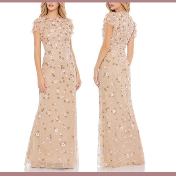 NEW $538 Mac Duggal‎ [ 6 ] Embellished High Neck Flutter Sleeve Gown Nude - Picture 2 of 14